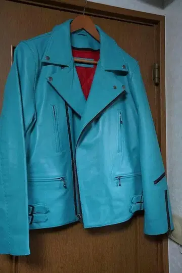 터콰이즈 가죽 더블 라이더 자켓