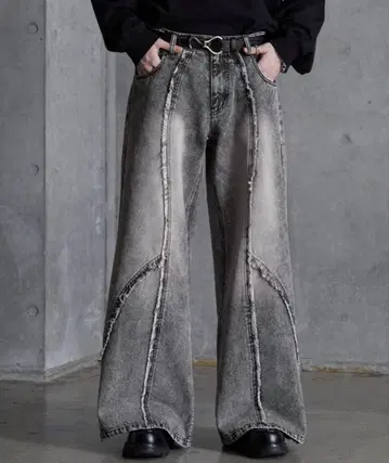 [ SERACE ] 빈티지 디자인 프린지 지퍼 와이드 플레어 데님 팬츠