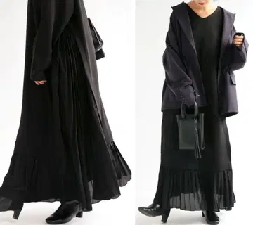 안티카 블랙 플리츠 절개 롱 원피스