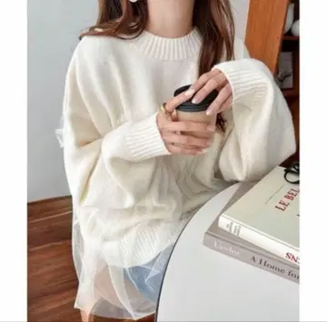 뷔스티에풍 튤 부착 니트 스웨터 여성용 긴팔 가을/겨울 한국 화이트칼라