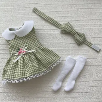 초대 리카짱 의류 세트*블루 하운드투스 원피스&리본 삭스