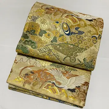 A5 앤티크 학 꽃들 보물 꾸러미 금실 순수 실크 전통 마루오비 포멀