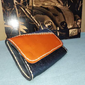 오렌지와 블랙과 데님 원단 가죽 3단 폴더형 지갑