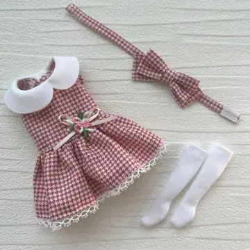 초대 리카짱 의류 세트*1 핑크 하운드투스 원피스 & 리본 삭스