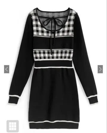 깅엄 체크 패턴 배색 라인 니트 미니 원피스