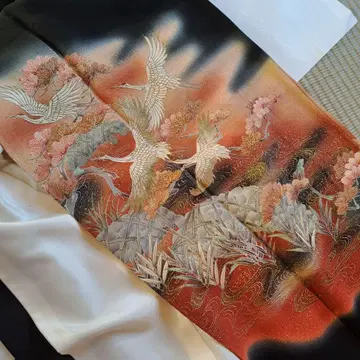 블랙 전통 예복 기모노 학과 꽃 자수 오문 비익 재단