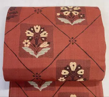 쿄토 후쿠로 오비 당화 꽃 무늬 격자 무늬 와인 레드 기모노 052t