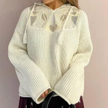 그레이스 콘티넨탈 루즈 후드 자수 니트 탑