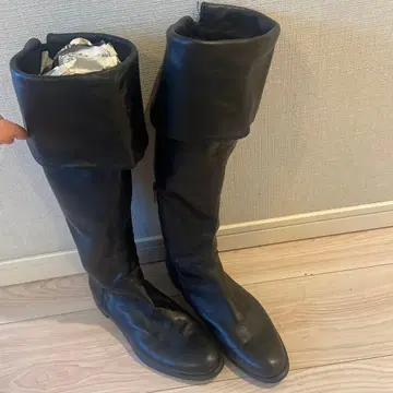 블랙 가죽 롱 부츠 접이식 디자인