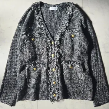새상품급 리브 드와 트위드 니트 가디건 블랙 프린지