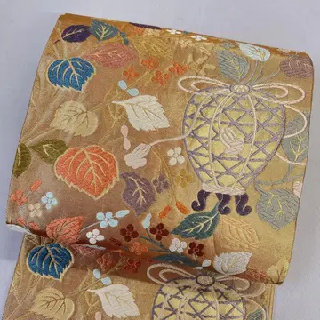 후쿠로 오비 금실 순수 실크 항아리 리프 무늬 꽃 무늬 기모노 052t