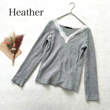 [헤더] F) V넥 리브 니트 레이스 이너 티셔츠 프릴 긴팔 니트