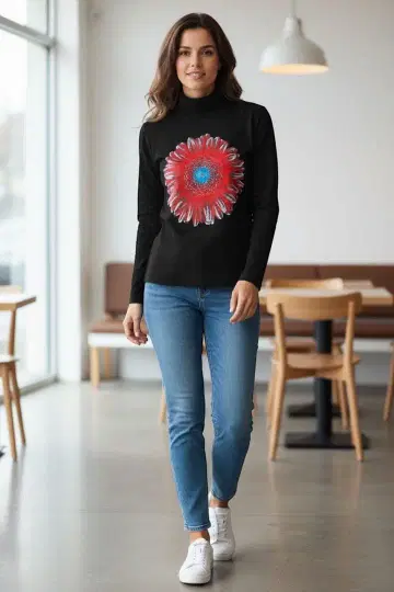 e519 이타리야 새상품 꽃무늬 프린트 터틀넥 긴팔 상의