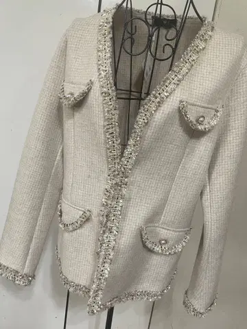 노카라 자켓 아이보리색 프린지 장식