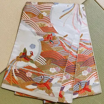 아름다운 다색 자수 후쿠로 오비 화이트 베이스 f035