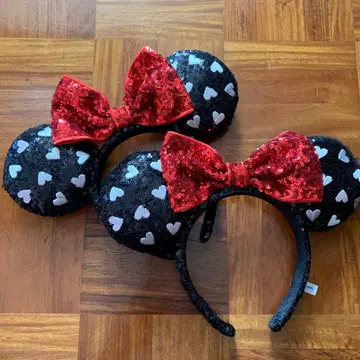 미키 귀 머리띠 하트 무늬 빨간색 리본
