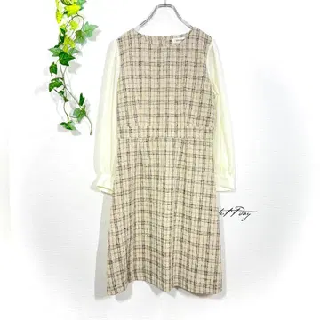 미슈마슈 트위드 원피스 (M) 체크 무늬 절개 쉬폰 슬리브