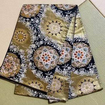 후쿠로 오비 블랙과 금의 꽃무늬 블랙 녹 네이비 손거울 f026