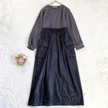 새상품급 [니코앤드] 인조 가죽 도킹 롱 원피스 A라인