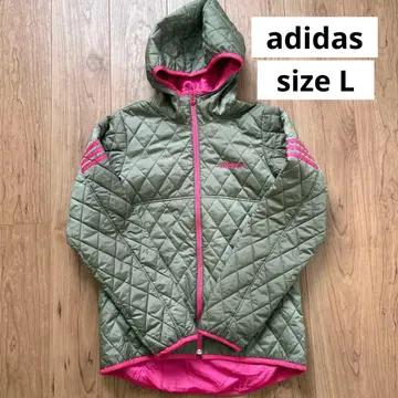 새상품급 아디다스 퀼팅 자켓 후드 부착 카키 핑크 여성용