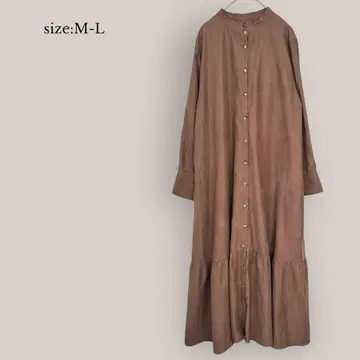 롱 스웨이드 셔츠 원피스 밴드 카라 플레어 브라운
