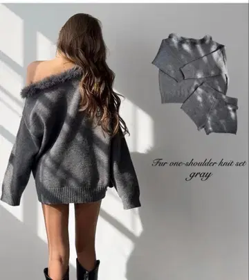 GIENGE 퍼 원숄더 니트 세트