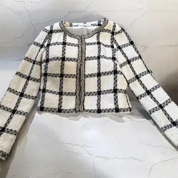 노카라 크롭 자켓 체크 무늬
