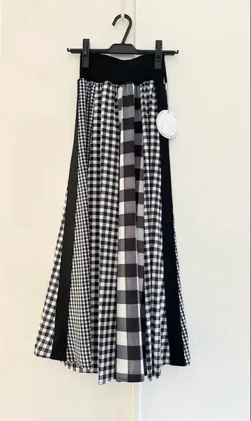[ MONiLE ] 모니레 조젯 체크 조합 롱 스커트 블랙