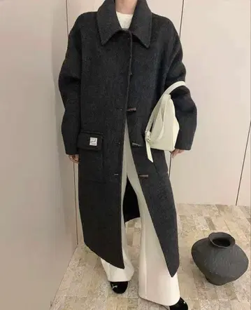 롱 코트 더플 코트 스타일 토글 버튼 그레이 오버 사이즈