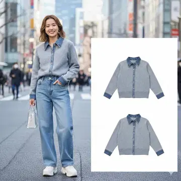 데님 옷깃 버튼 니트 가디건 차콜 한국 겉옷 자켓