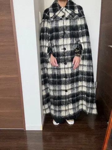 구제 의류 체크 무늬 롱 코트 케이프 스타일