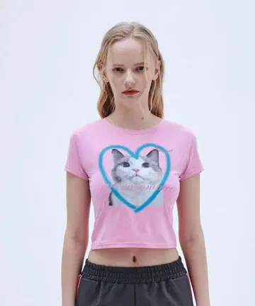 etre au sommet 하트 캣 페이스 하프 티셔츠 T셔츠