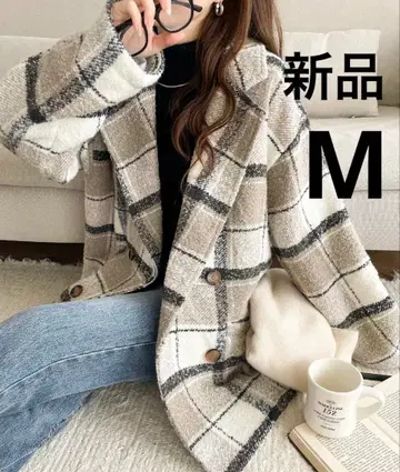 클래식 엘프 기모 부클 체크 무늬 코쿤 실루엣 더블 자켓 코트