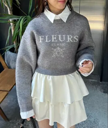 chico 옷깃 탈부착 로고 자카드 숏 니트 그레이