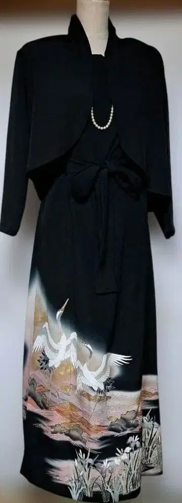 전통 예복 기모노 리메이크 볼레로 포함 롱 드레스 학 그림