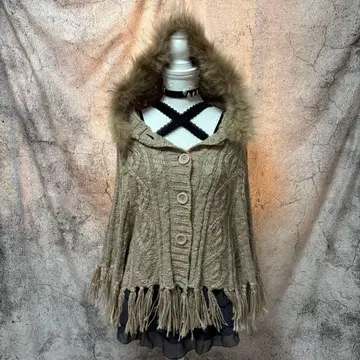 y2k 00s 네오 그런지 모리걸 니트 판초 후드 퍼 프린지