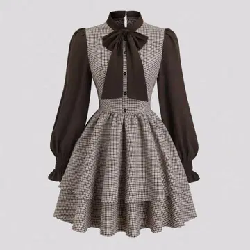 체크 무늬 리본 포함 원피스