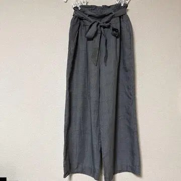 그레이 계열 체크 와이드 팬츠 허리 리본 포함