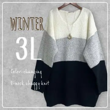 새상품 3L 빅 사이즈 배색 절개 V넥 샤기 니트 원피스 블랙