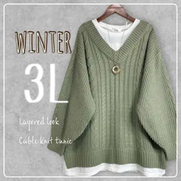 새상품 3L 빅 사이즈 이너 레이어드 스타일 케이블 튜닉 니트 카키