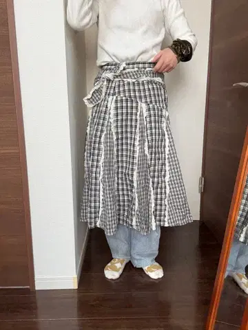 used 구제 의류 깅엄 체크 체크 무늬 프릴 롱 스커트