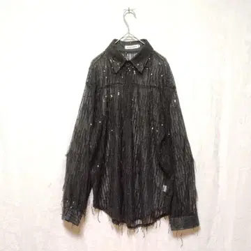 AEEWINNER 블랙 레이스 긴팔 셔츠 스팽글 프린지 M