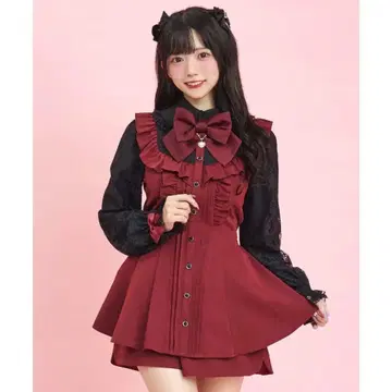 시크릿허니 소매 레이스 핀턱 프릴 요크 절개 셋업 (와인)