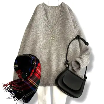 새상품급 스픽&스팬 로우 게이지 V넥 풀오버 울 니트 그레이