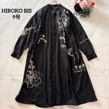 HIROKOBIS 올 패턴 자수 셔츠 원피스 블랙 밴드 카라 긴팔