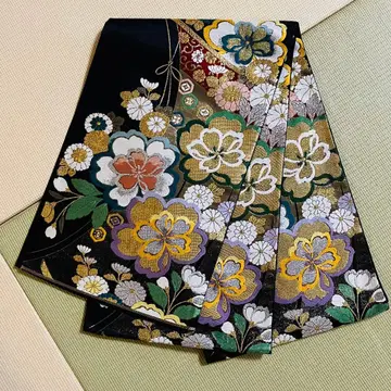 화려한 꽃무늬 후쿠로 오비 블랙 기초 f023