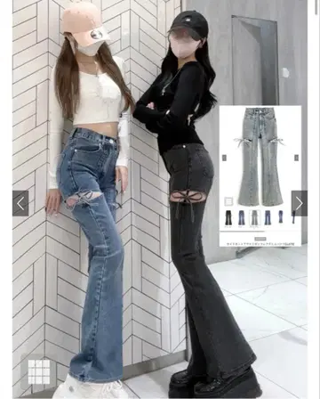 GRL 사이드 컷 아웃 리본 플레어 데님 팬츠 cu578