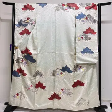 후리소데 세미 앤티크 자수 소나무 잎 국화 칠보 기모노 125tz