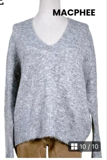 맥피 니트 티셔츠 상의 깊은 V넥 S 그레이 울 모헤어