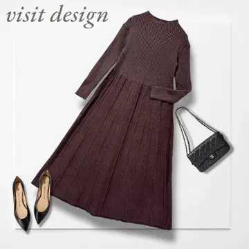 비짓 디자인 리브 니트 원피스 (L) 브라운 플리츠풍 고급 성숙/러블리